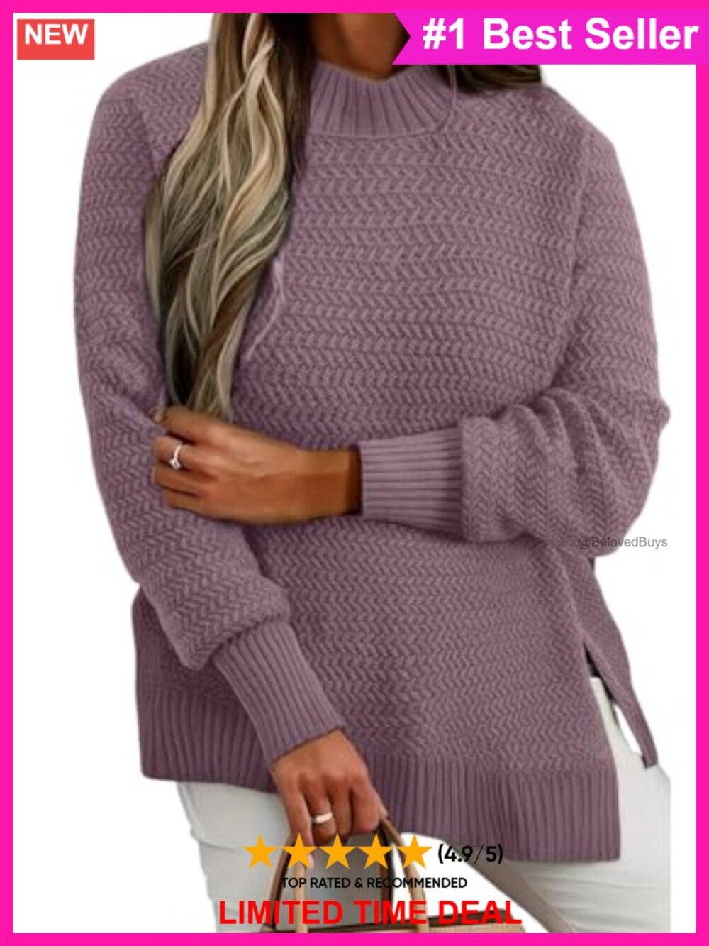 Plus Size Acrylic Pullover Sweater Crew Neck Side Slit Long Sleeve